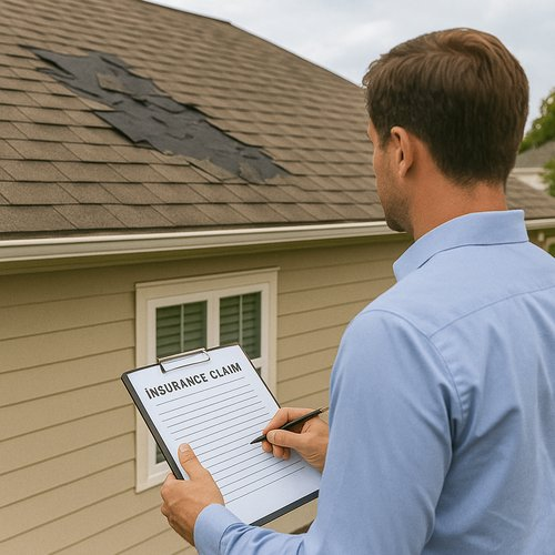 Roof insurance claim inspection with clipboard Arcadia